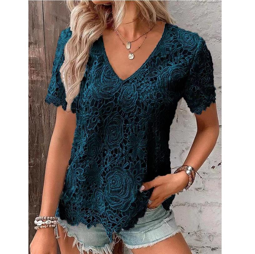 Short Sleeve Lace V-neck Loose T-Shirt