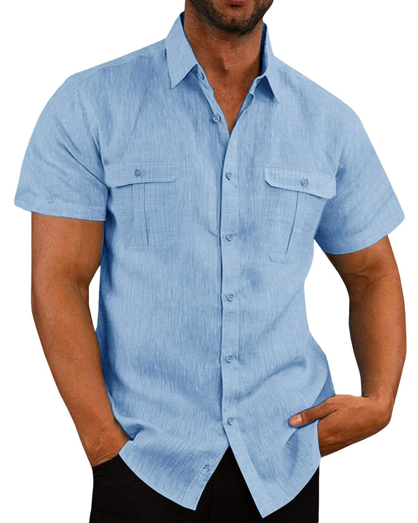 Short Sleeve Double Pocket Wide Collar Shirt