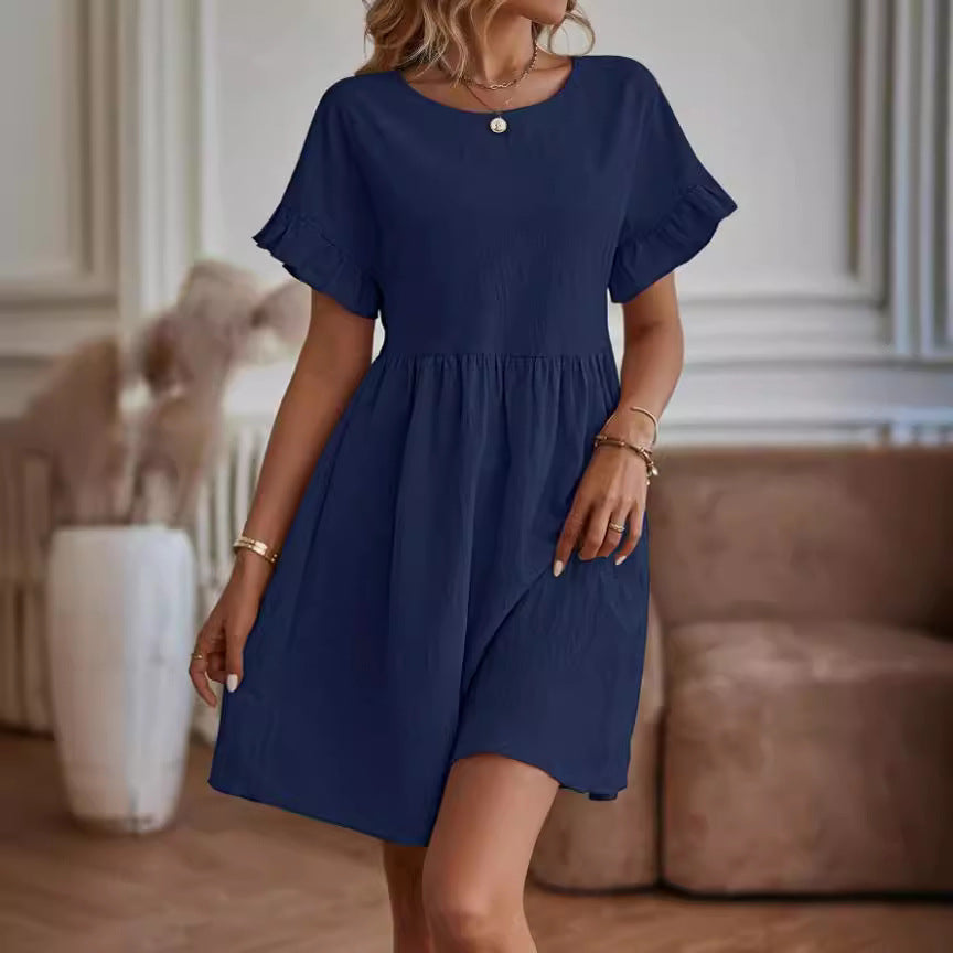 Elegant Round Neck Loose Cotton & Linen Dress