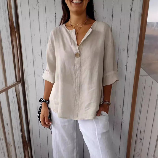 V-neck Cotton & Linen Button Top