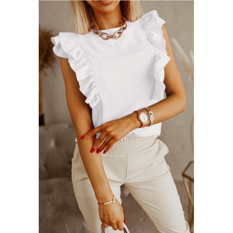 Loose Round Neck Solid Ruffle Short Sleeve Shirt