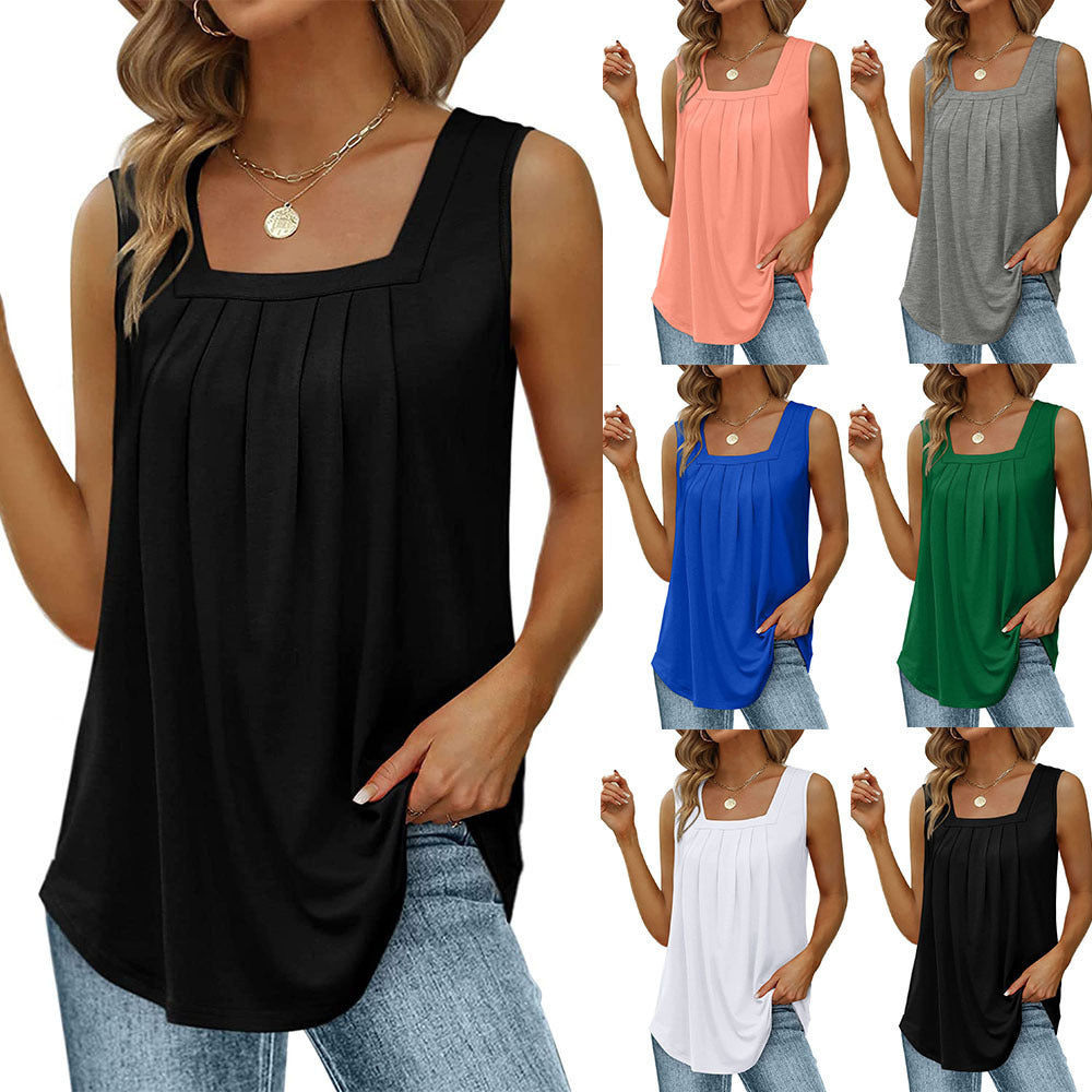 Loose Fit Pleated Square Neck Sleeveless Top