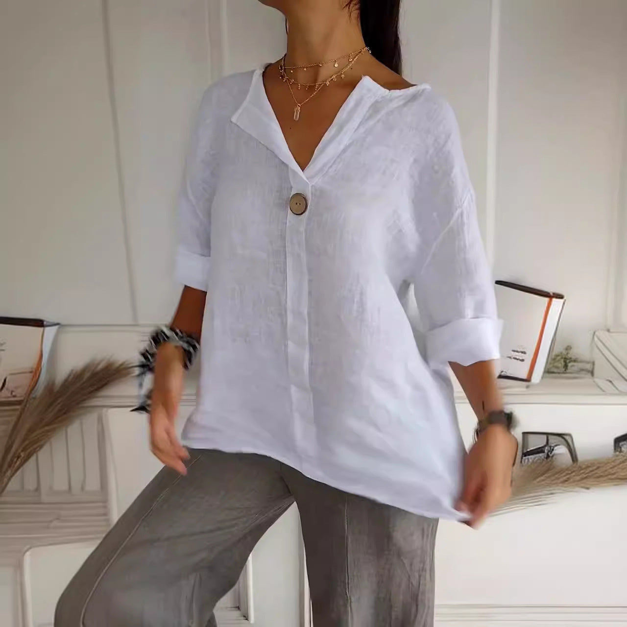 V-neck Cotton & Linen Button Top