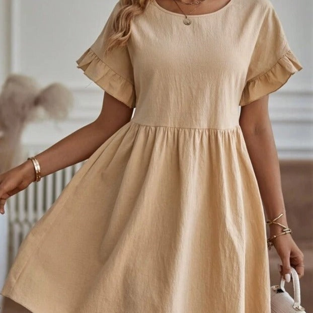 Elegant Round Neck Loose Cotton & Linen Dress