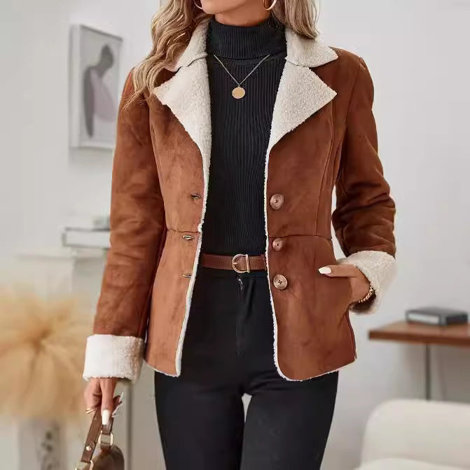 Casual Warm Fur Integrated Lapel Pocket Jacket