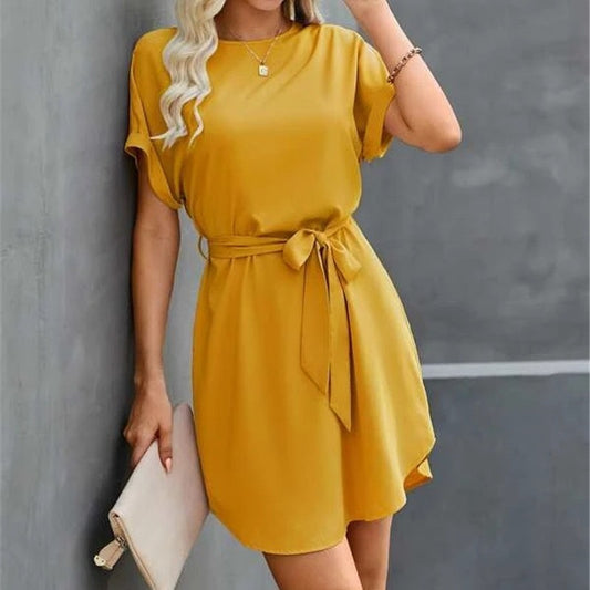 Plus Size Temperament Pure Color Tied Waist Girdle Dress