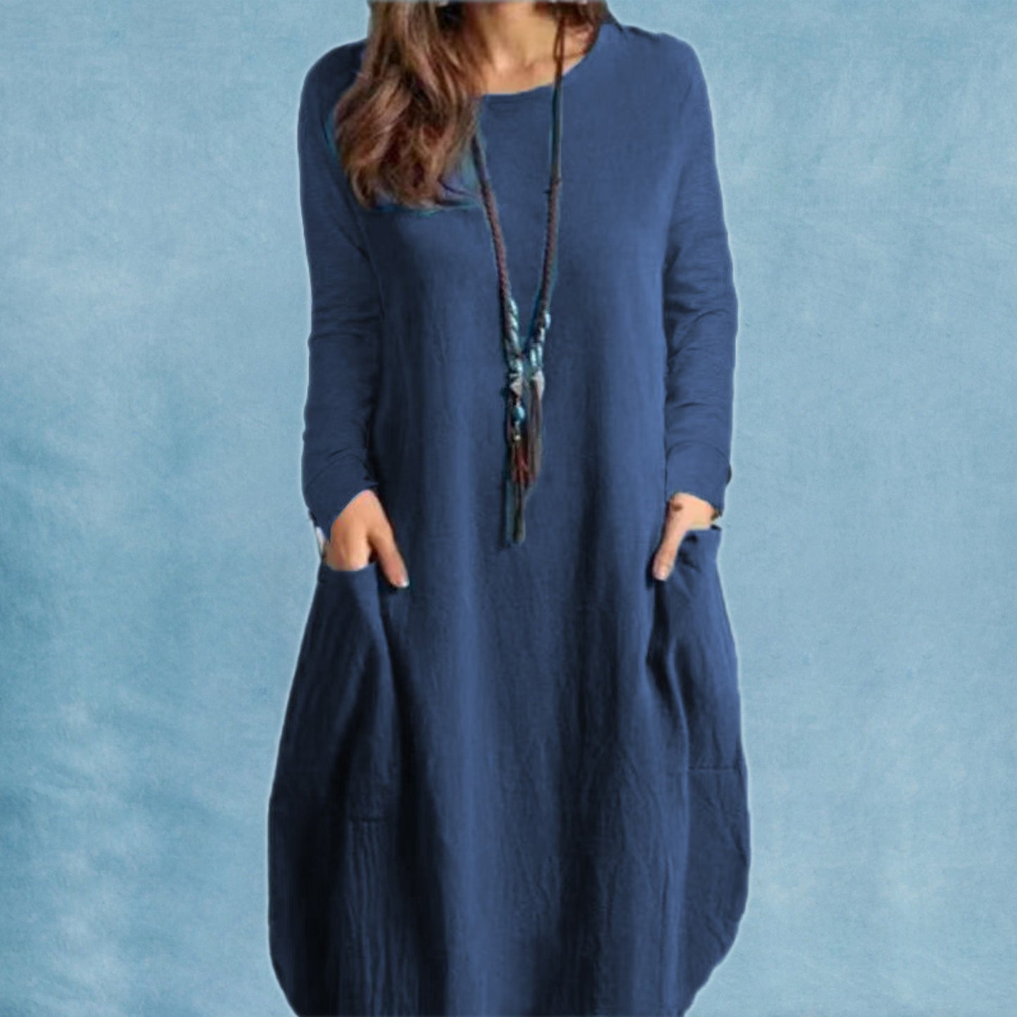 Loose Casual Solid Color Pocket Long Sleeve Dress