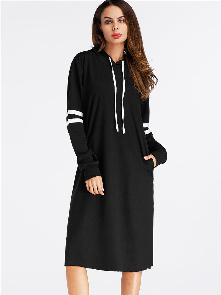 Long Sleeve Striped Hooded Loose Dress