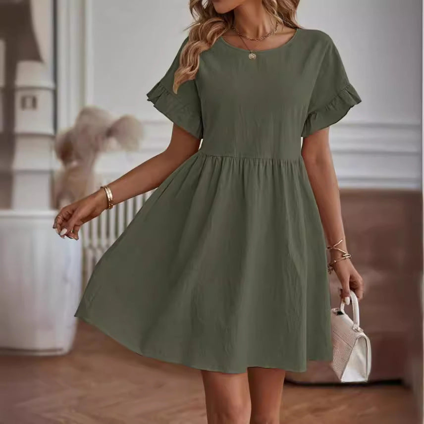 Elegant Round Neck Loose Cotton & Linen Dress