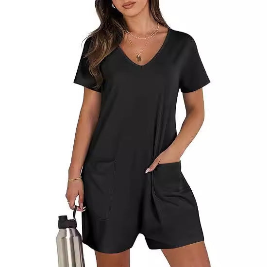 Summer Casual Short Sleeve Round Neck Vest Jumpsuit