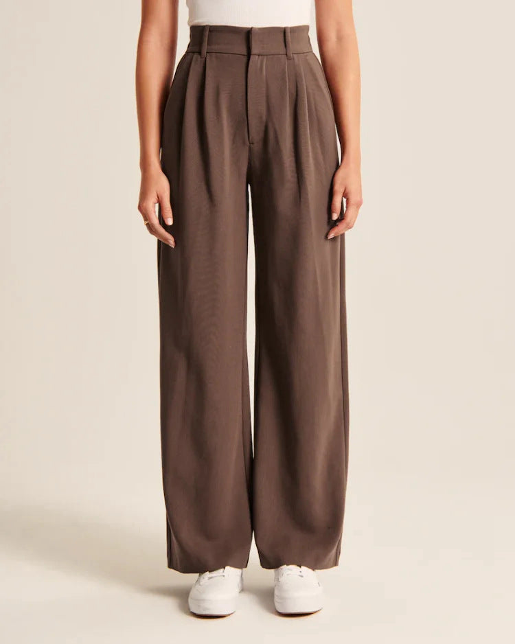 High Waist Wide Leg Straight Trousers with Pockets