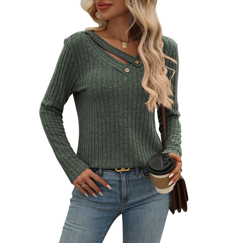 V-neck Button Top Sunken Stripe T-Shirt