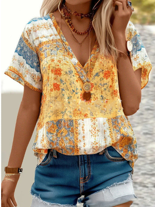 V-neck Printed Short-sleeved T-Shirt