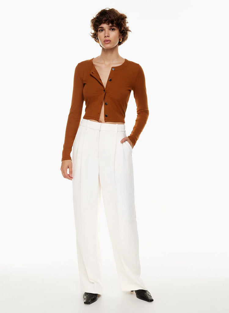 High Waist Wide Leg Straight Trousers with Pockets