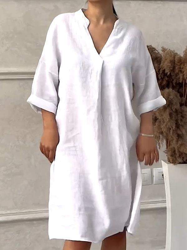 Plus Size Cotton Linen V-neck Dress