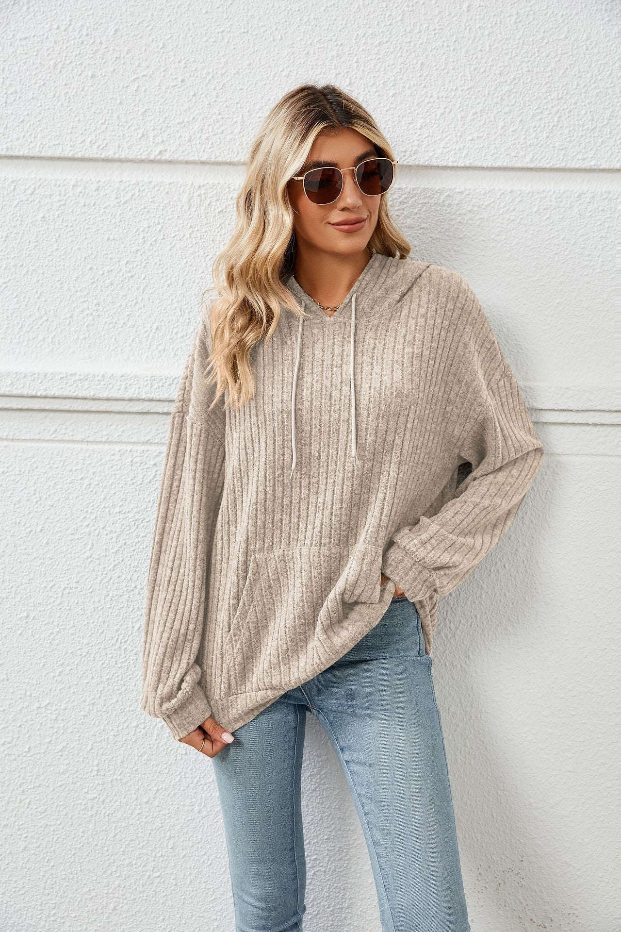 Knitted Hooded Sweater with Pit Stripe Kangaroo Pocket