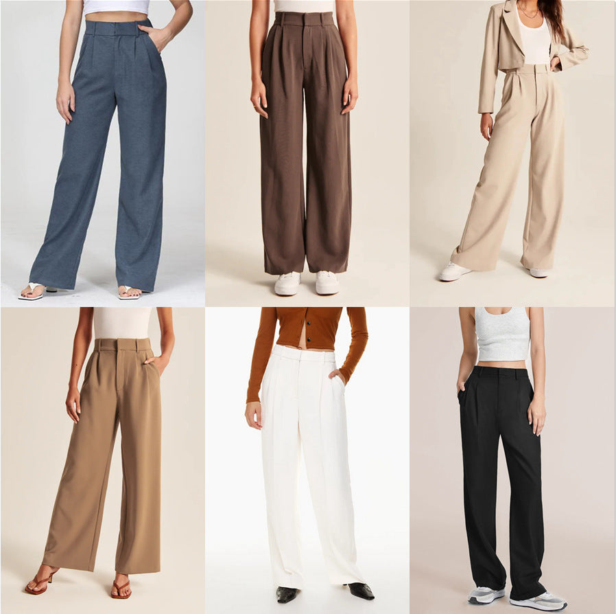 High Waist Wide Leg Straight Trousers with Pockets