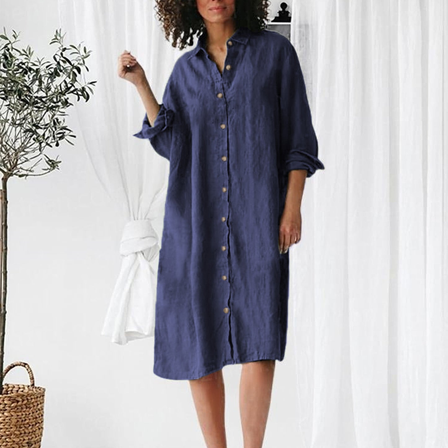 Long Sleeve Lapel Button Mid-length Shirt Dress