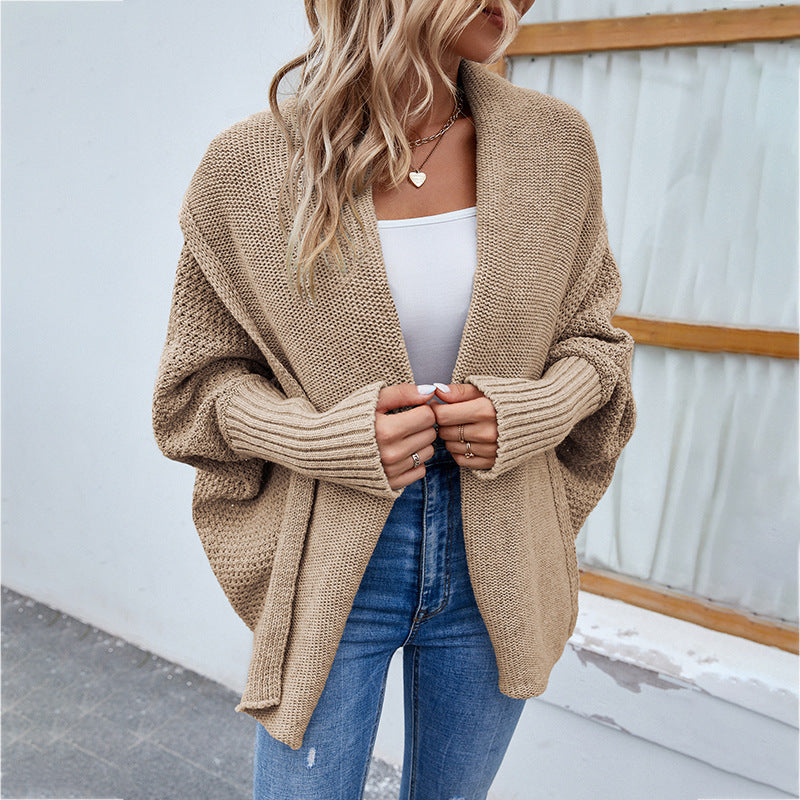 Loose Knitted Sweater Solid Color Bat Sleeve Large Lapel Cardigan