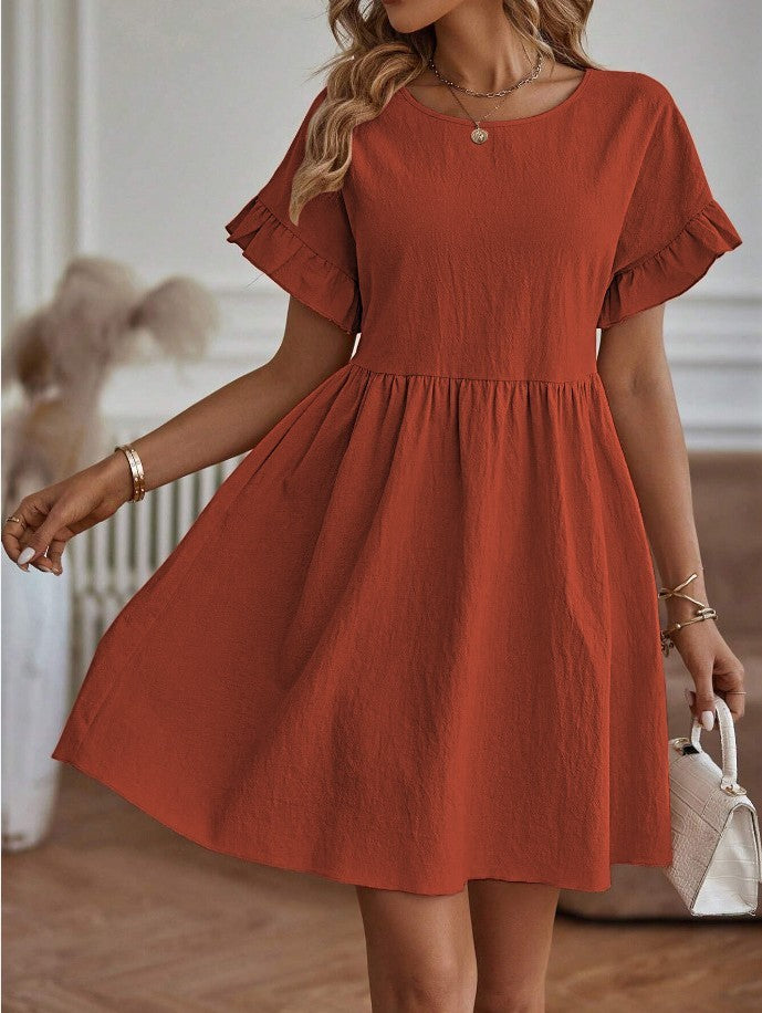 Elegant Round Neck Loose Cotton & Linen Dress