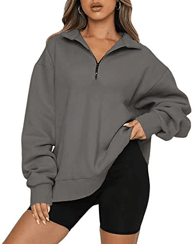 Zip Turndown Collar Loose Casual Hoodie