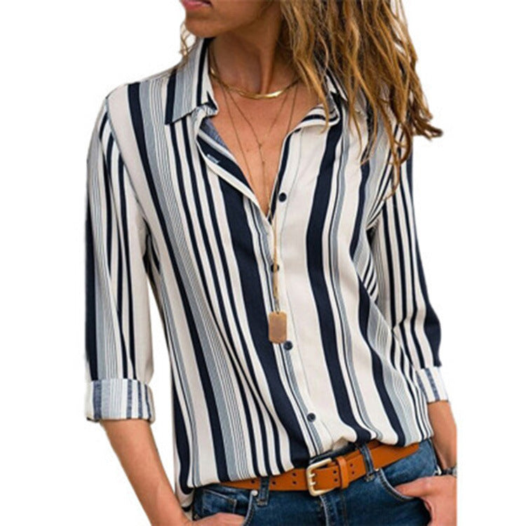 Striped Casual V-Neck Long Sleeve Chiffon Blouse