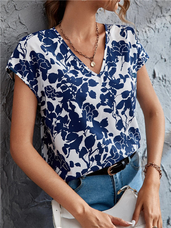 V-neck Short Sleeve Printed T-Shirt Top