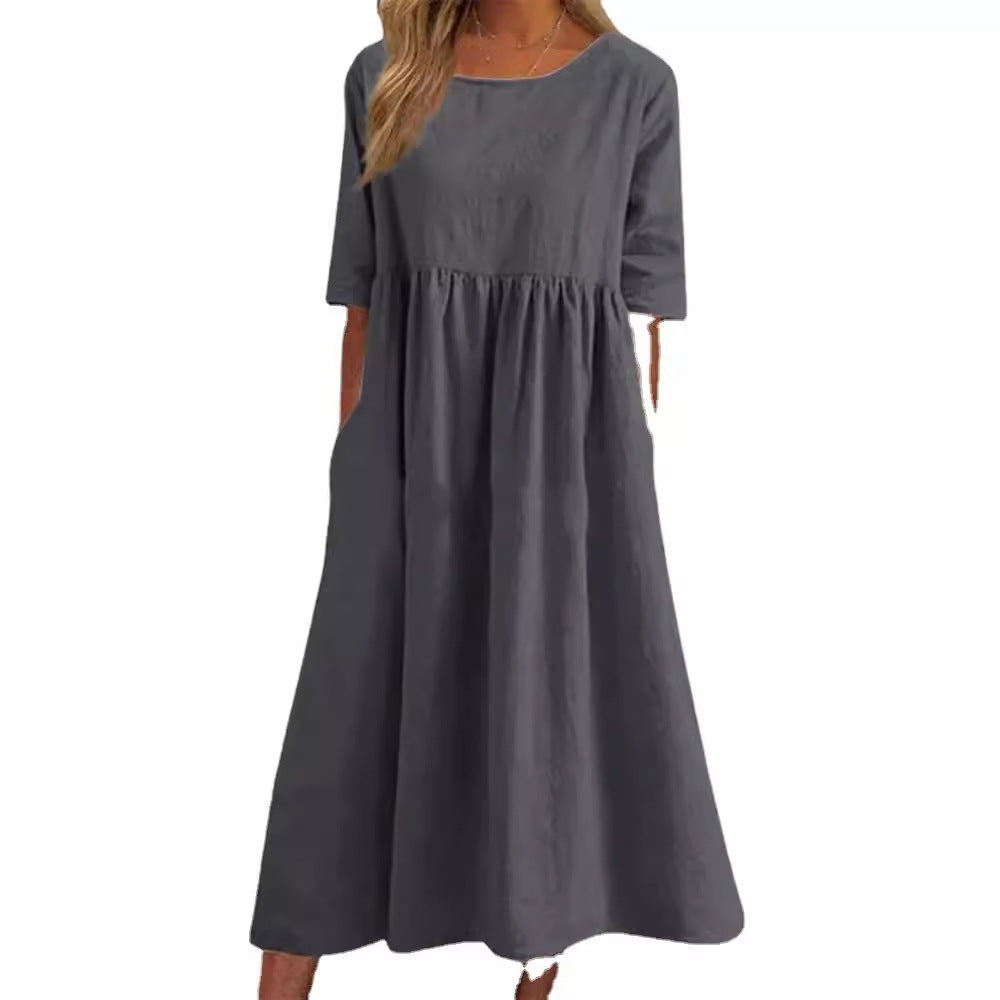 Plus Size Round Neck Loose Long Solid Color Cotton Linen Dress