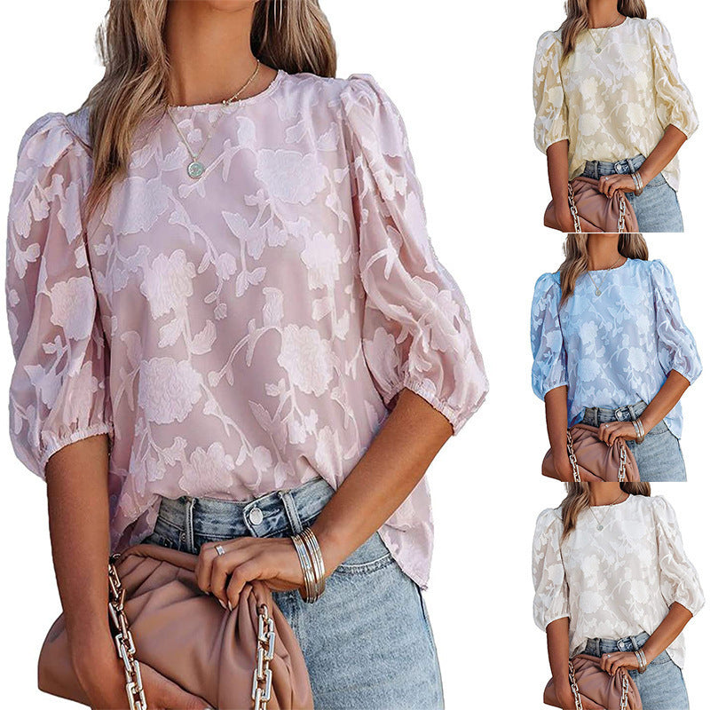 Puff Sleeve Chiffon Loose Flower Texture Top