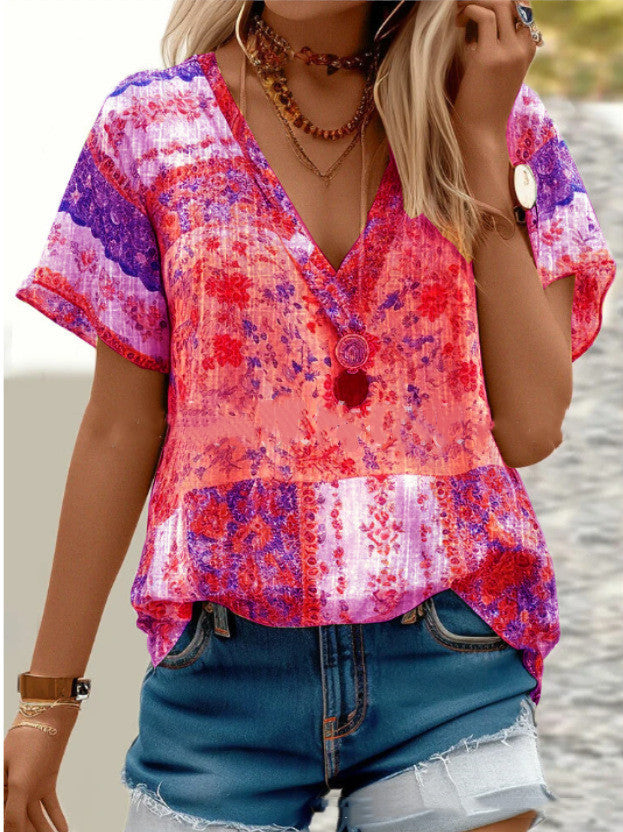 V-neck Printed Short-sleeved T-Shirt