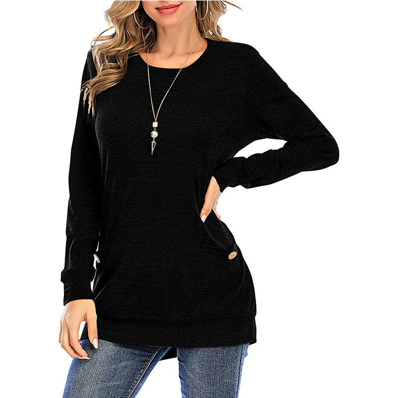 Crossed Pockets Round Neck Long-sleeved T-Shirt