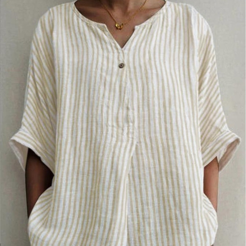 V-neck Striped Loose Short-sleeved Cotton-Linen Shirt