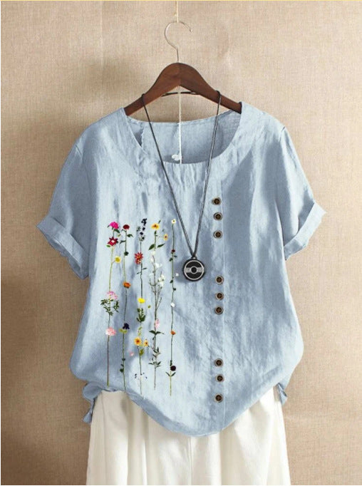 Retro Cotton & Linen Printed Loose Short-sleeved Top