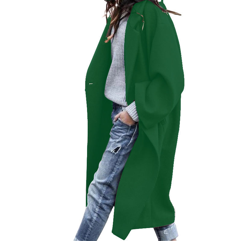 Solid Color Single Breasted Lapel Woolen Coat