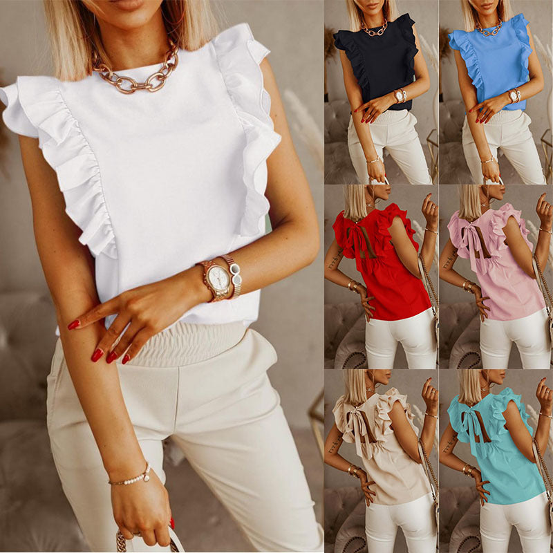 Loose Round Neck Solid Ruffle Short Sleeve Shirt