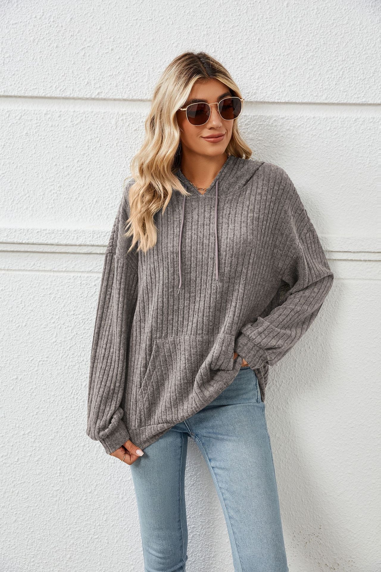 Knitted Hooded Sweater with Pit Stripe Kangaroo Pocket