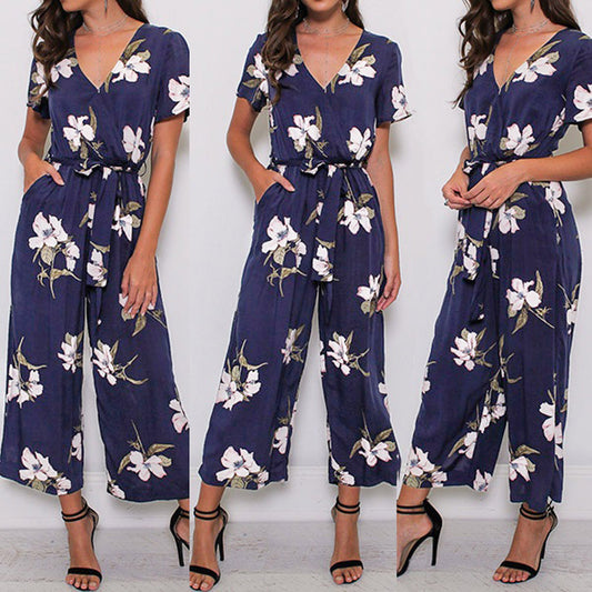 V-neck Belted Short Sleeve Jumpsuit