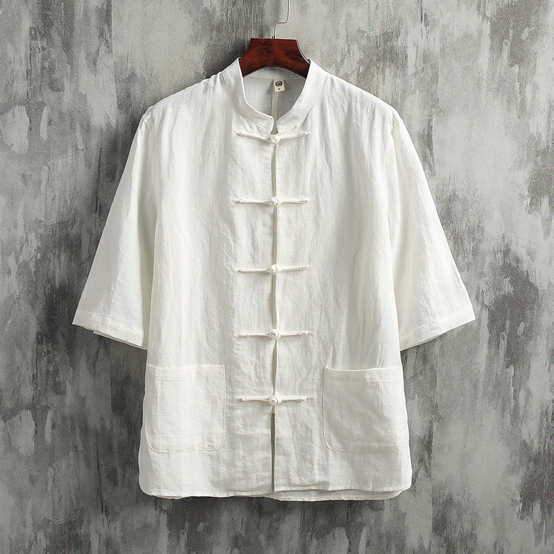 Stand Collar Short Sleeve Cotton Linen Shirt