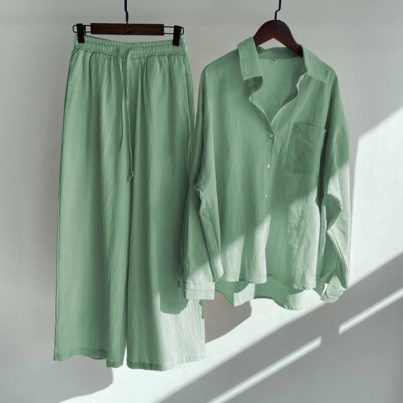 Cotton & Linen Shirt Set with High Waist Loose Trousers