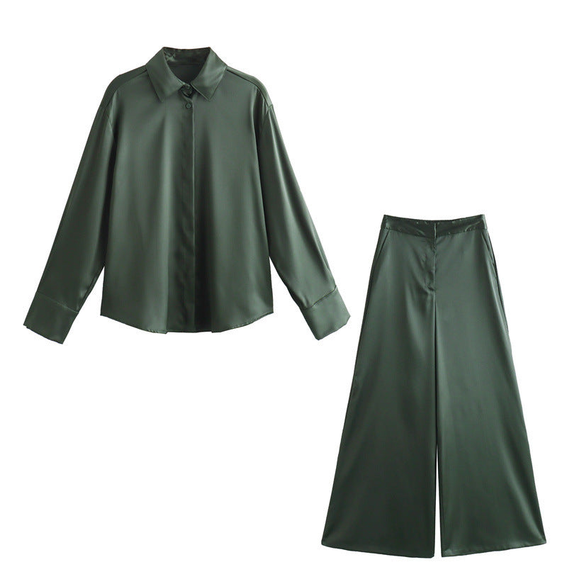 Silk Satin Textured Shirt & Wide Leg Pants