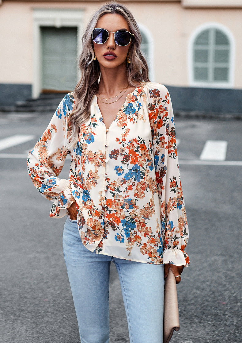 Floral Print V Neck Long Sleeve Chiffon Shirt