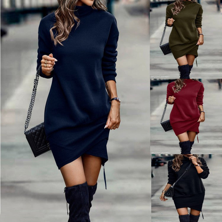 Long Sleeve Solid Color High Neck Short Dress