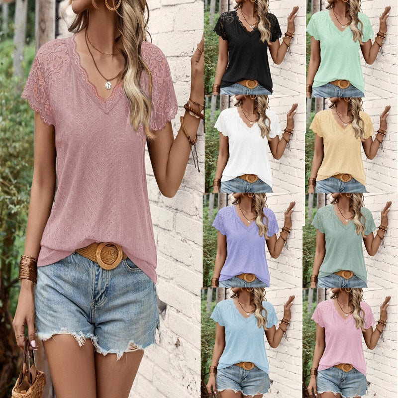 V-neck Short Sleeved Patchwork Lace Trimmed Sleeve T-Shirt Top