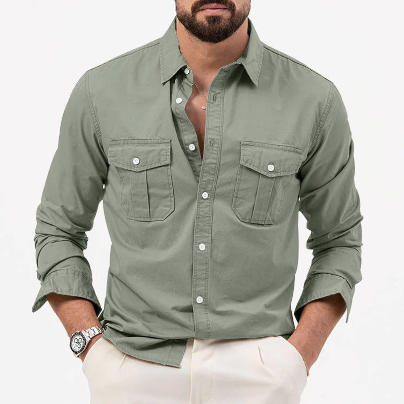 Multi-pocket Solid Color Long Sleeves Shirt