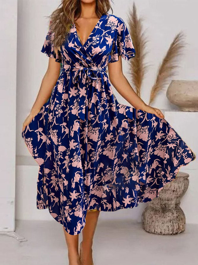 V-neck Short Sleeve Printed Waist-controlled Dress