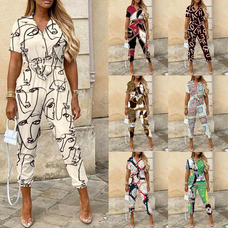 Lapel Print Cargo Overalls