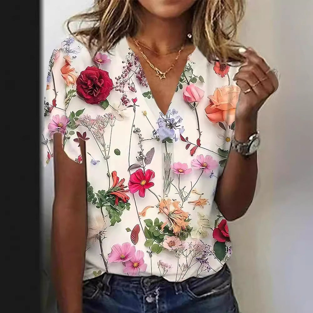 Short-sleeved V-neck Floral Print T-Shirt