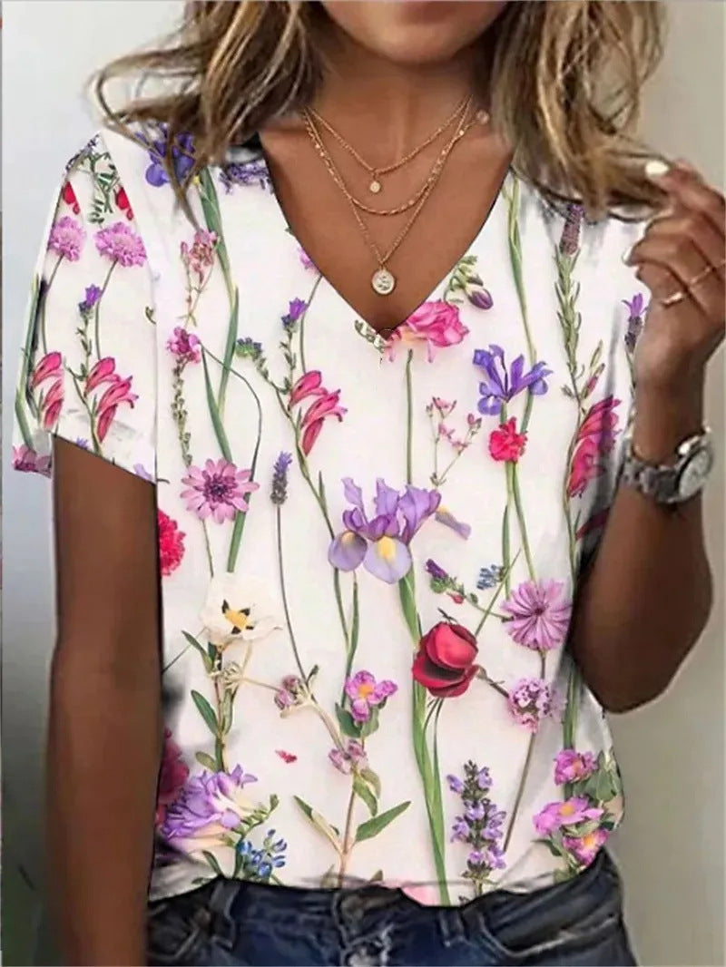 Short-sleeved V-neck Floral Print T-Shirt