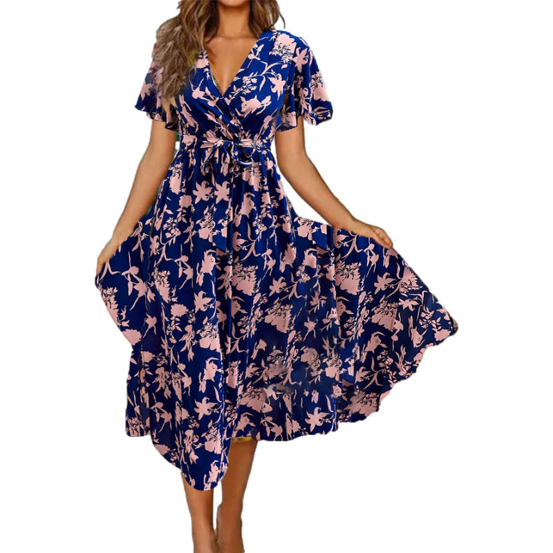 V-neck Short Sleeve Printed Waist-controlled Dress