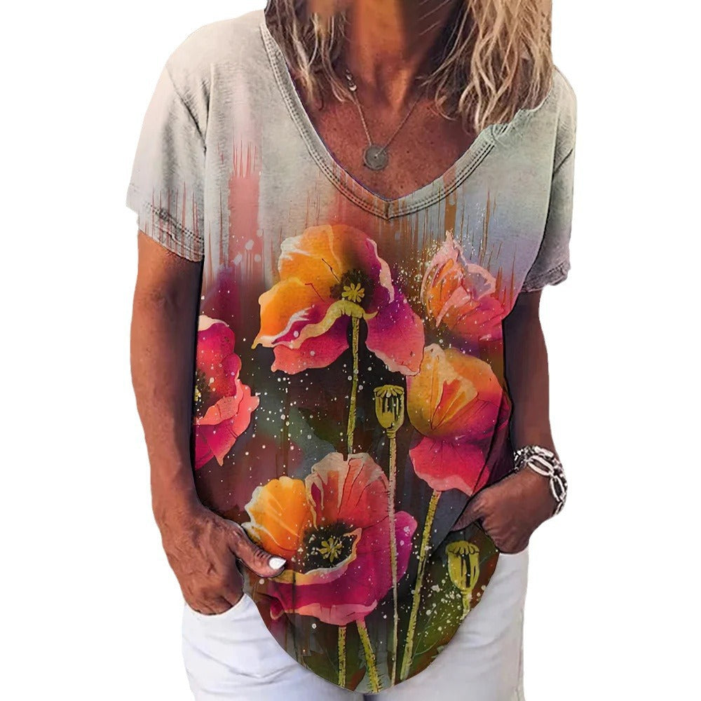 Short-sleeved V-neck Floral Print T-Shirt